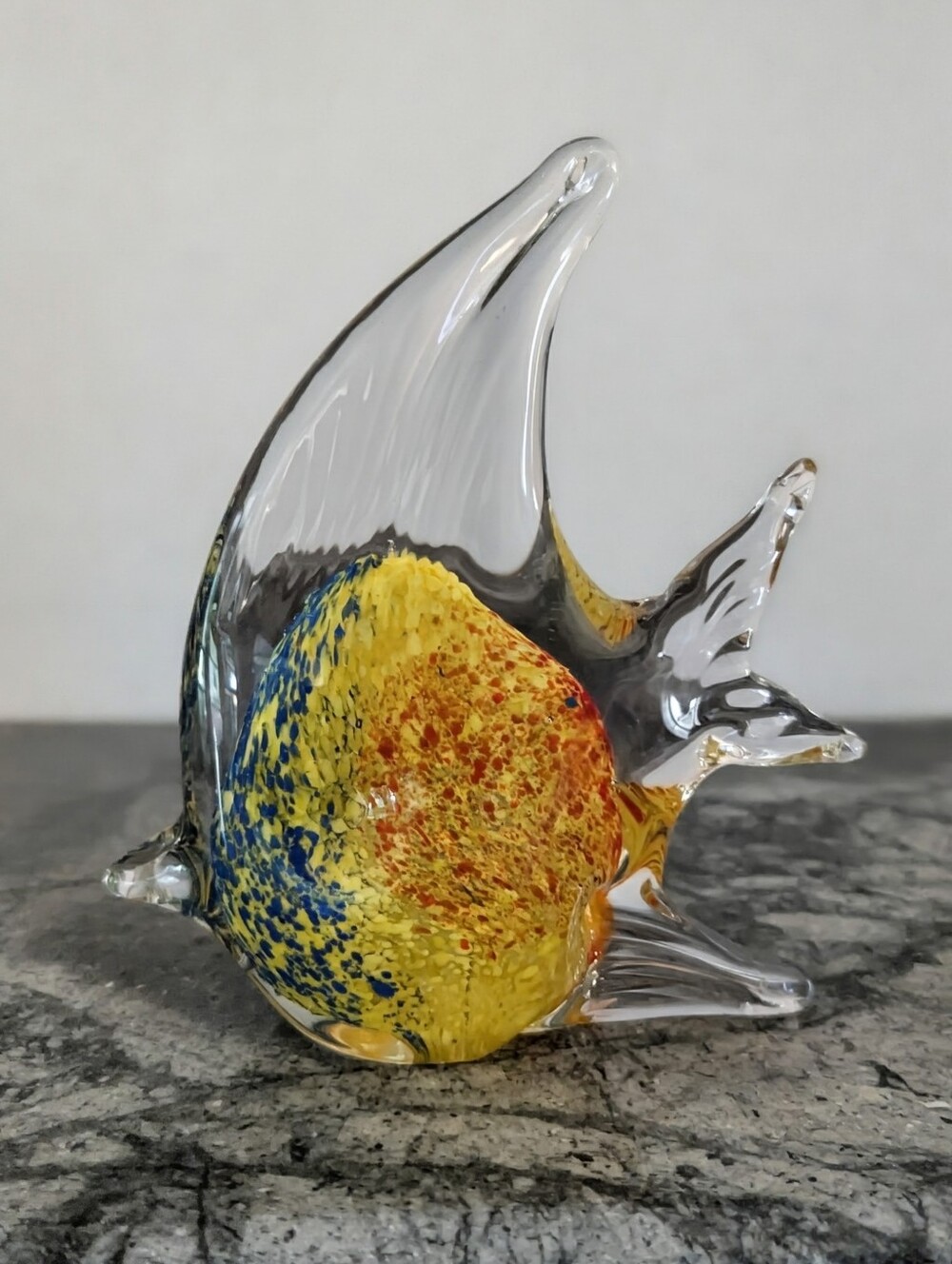 Hand-Blown Glass Fish Sculpture Paperweight Angel Fish Red Yellow Blue